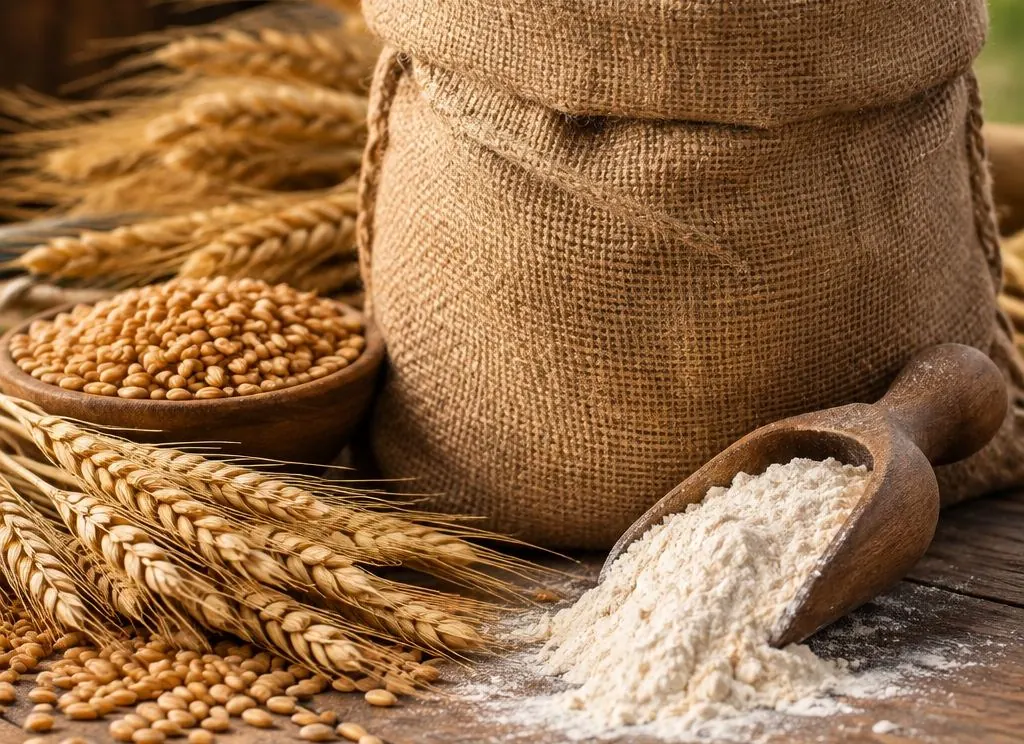 Chakki aata (wheat flour) in a jute sack with wheat grains
