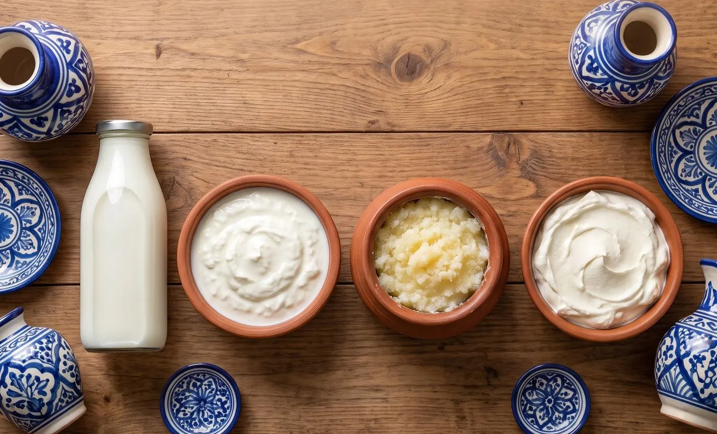 Milk, yogurt, ghee and cream on a wooden table with blue Multani pottery
