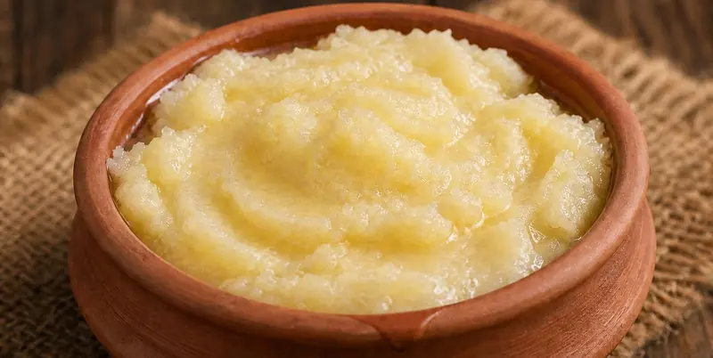 Pure danedar desi ghee in a clay bowl, Rana Ahmad Milk Shop Multan