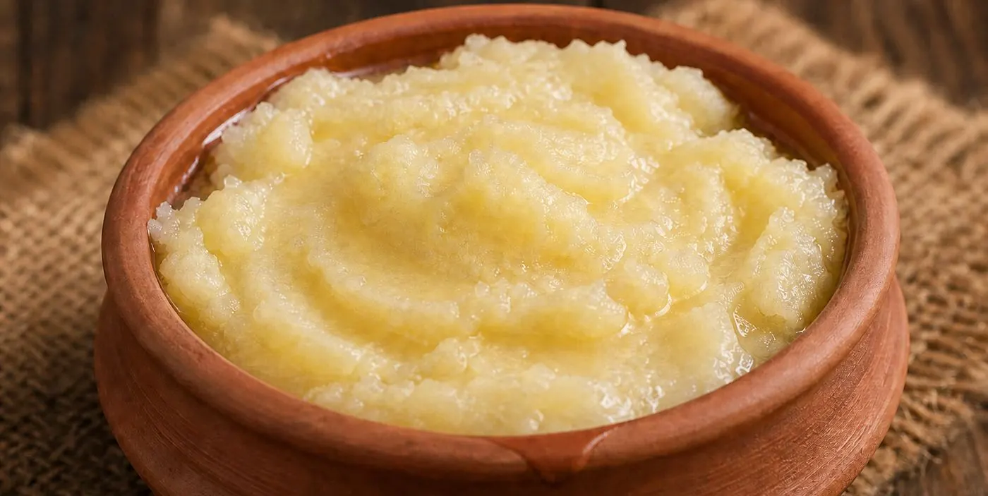 Pure danedar desi ghee in a clay bowl