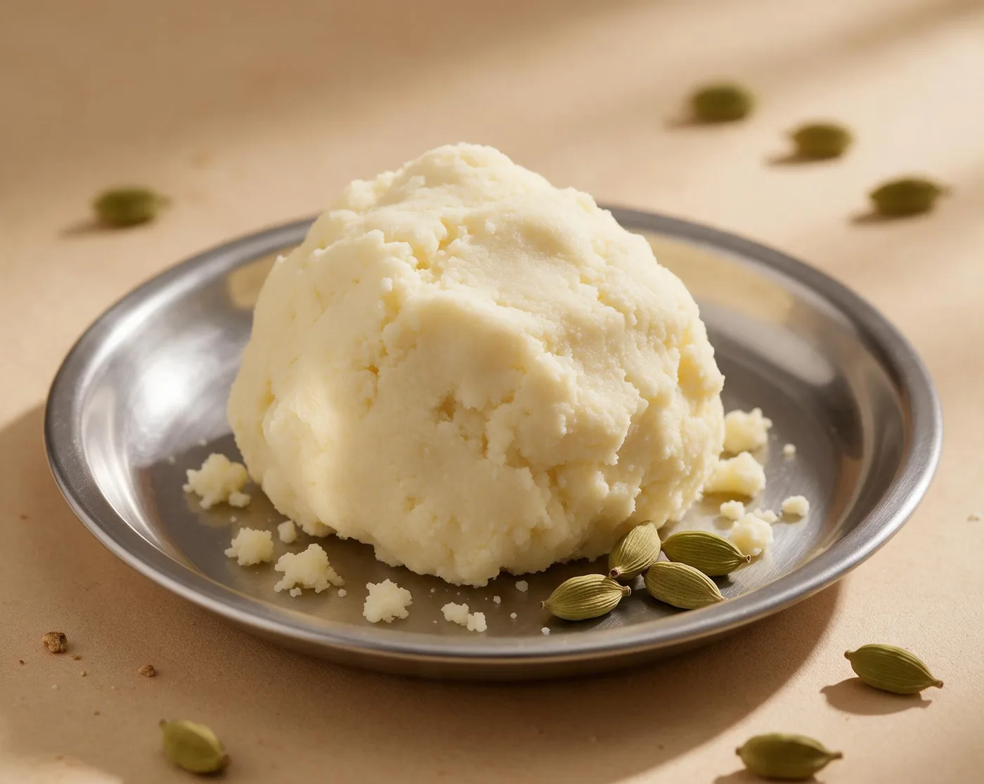 Fresh khoya (mawa) on a steel plate with green cardamom