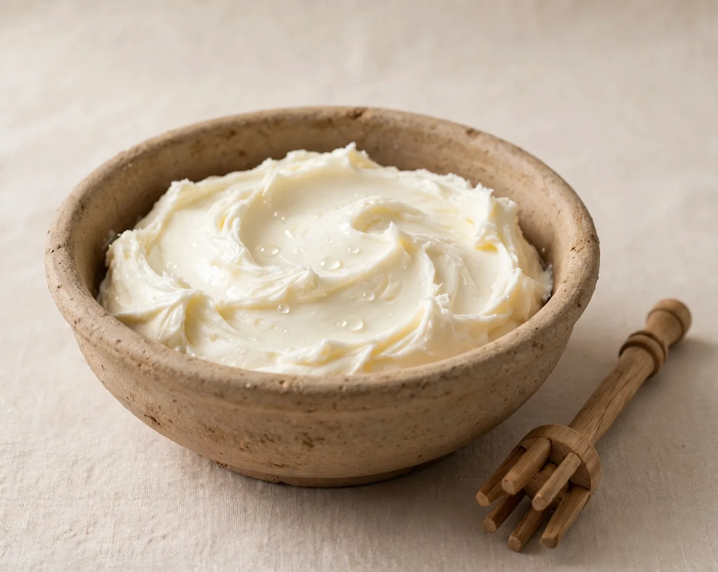 Fresh white makhan (butter) in a clay bowl with a wooden madhani